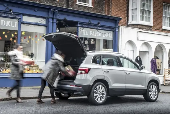 The rear exterior of a silver Skoda Karoq
