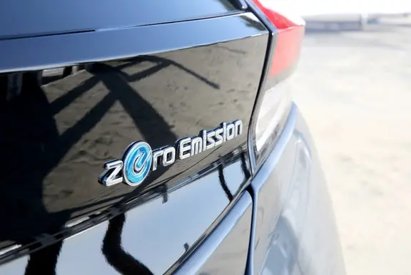 Badge shot of the Nissan Leaf