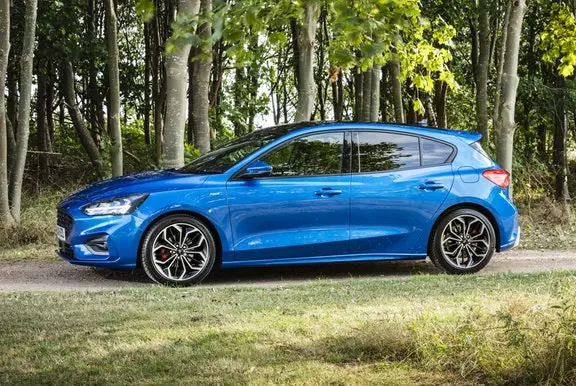 The exterior of a blue Ford Focus