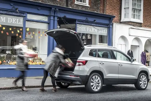 The rear exterior of a silver Skoda Karoq