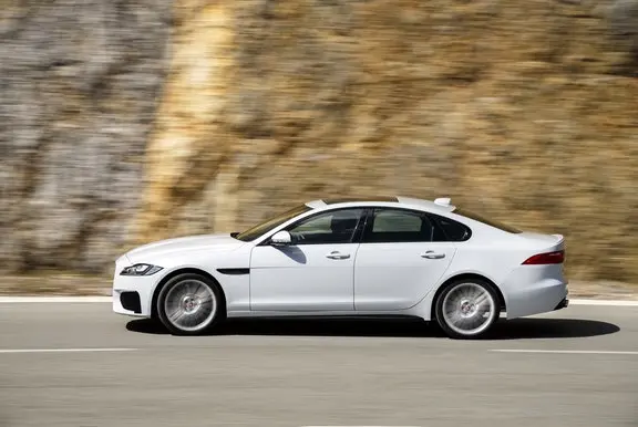 The exterior of a white Jaguar XF