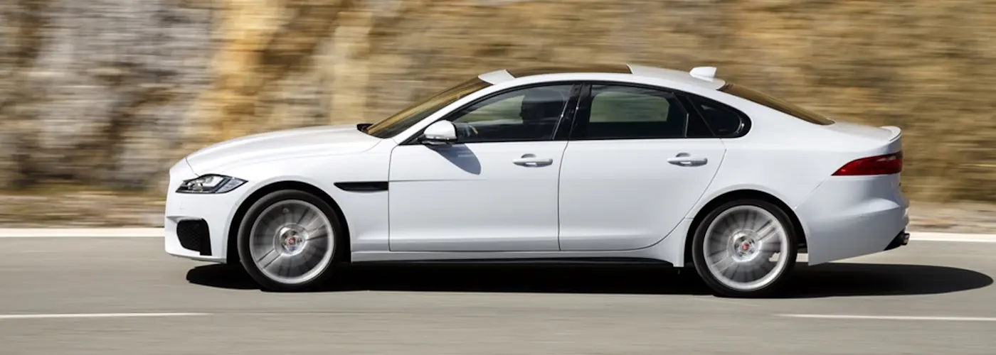 The exterior of a white Jaguar XF