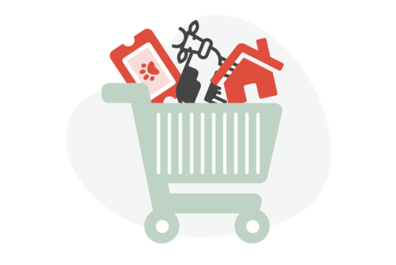 Shopping cart with a cow, house and ticket