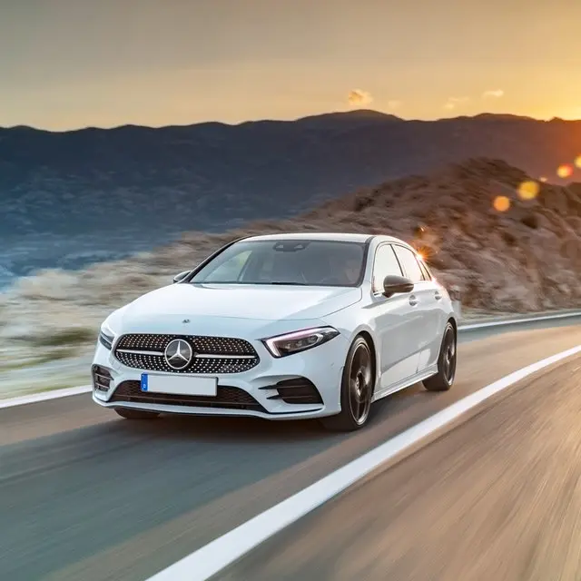 The front exterior of a white Mercedes-Benz A-Class