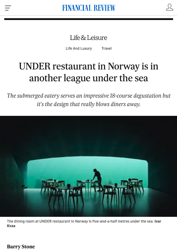 Barry Stone: UNDER restaurant in Norway is in another league under the sea