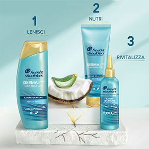 H&S Derma X Pro Azione Idratante: flaconi di shampoo, balsamo e mschera, accanto a pezzi di aloe e cactus