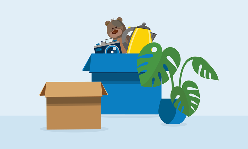 an illustration of boxed up home items alongside a monstera plant