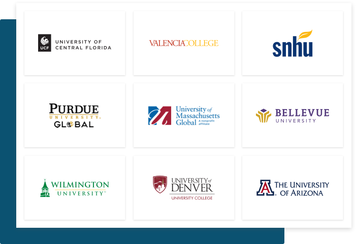University of Central Florida logo, Valencia College logo, Southern New Hampshire University logo, Purdue Global Logo, University of Massachusetts Global logo, Bellevue University logo, Wilmington University logo, University of Denver logo and University of Arizona logo.