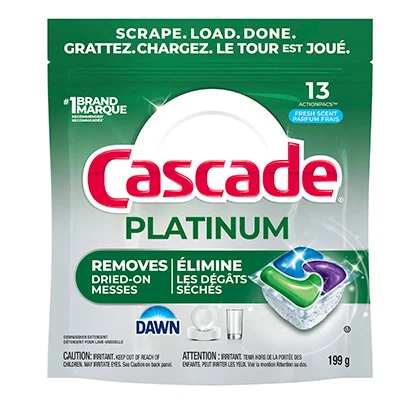Cascade Platinum 13 capsules pour lave-vaisselle au parfum frais.