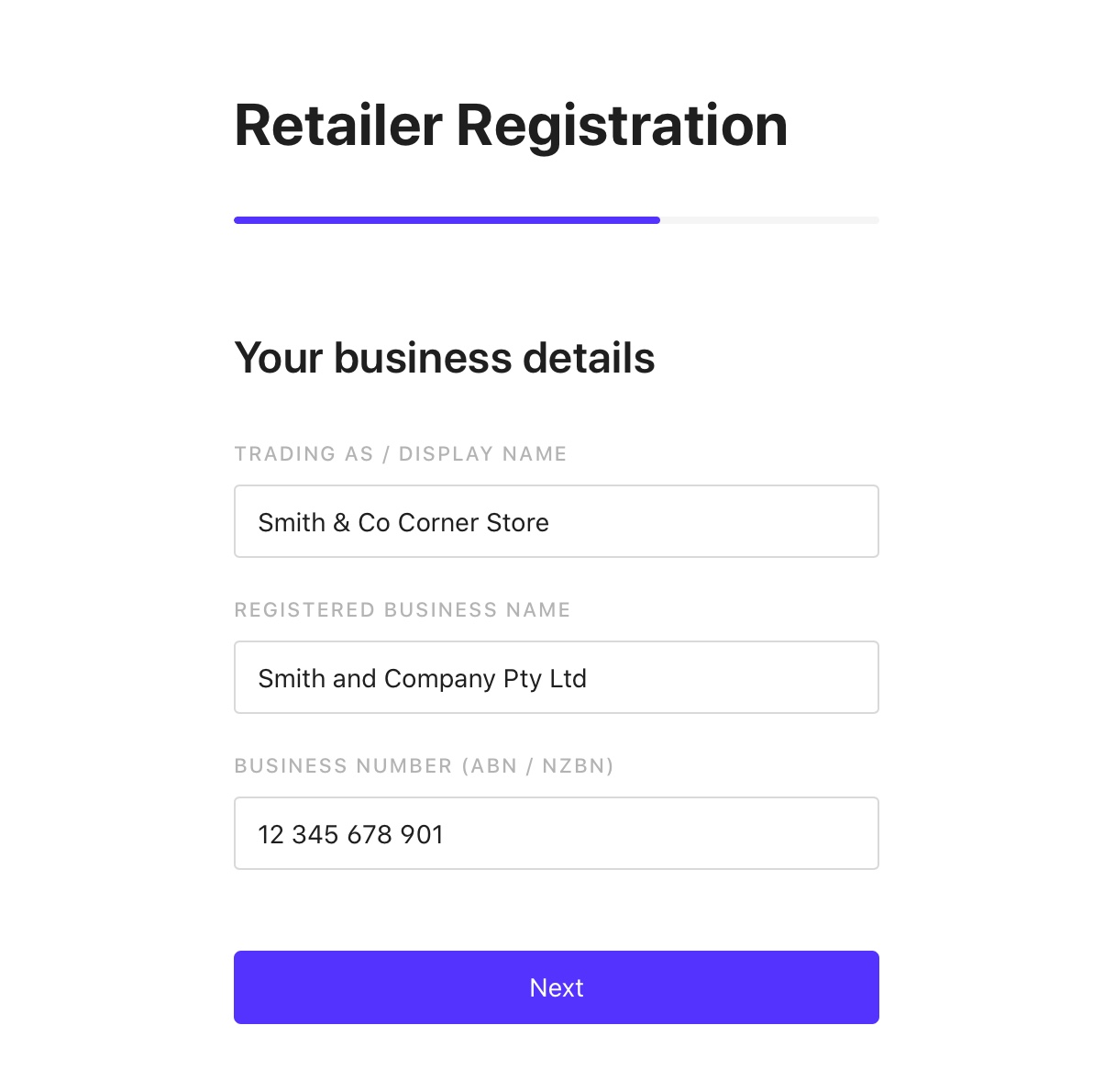 Retailer registration screenshot - business details