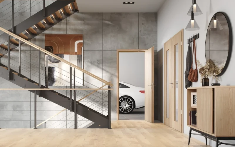 Eingangsbereich im Haus mit Treppe, Kommode, Spiegel und Gardrobenhaken mit geöffneter Tür zur Garage.