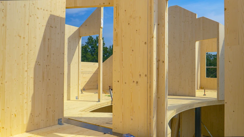 Ansicht eines Holzhauses im Bau mit Wänden und offenen Decken