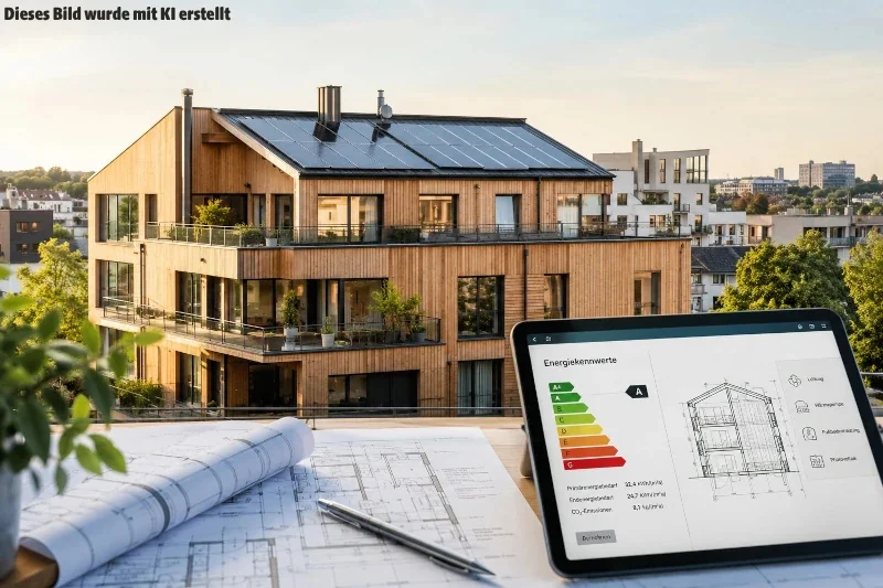 Ein Bauplan und ein Tablet mit Energiekennwerten für ein Haus. Im Hintergrund ein Haus mit moderner Holzfassade.