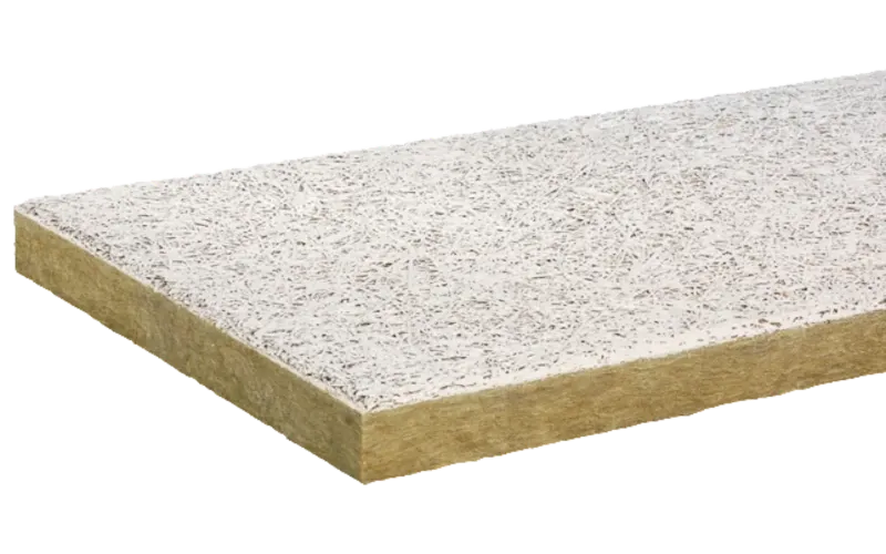 Flache Dämmplatte mit heller, rauer Oberfläche und gelblicher Kernschicht.
