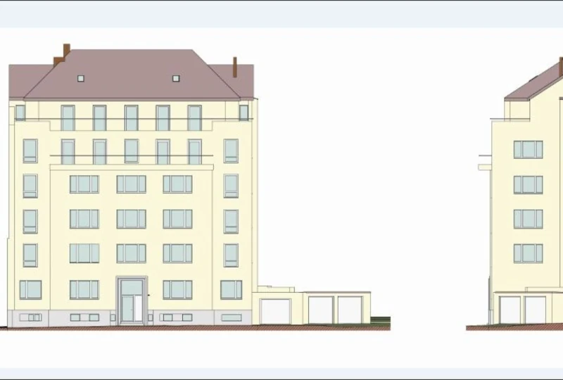 Zeichnung eines alten weißen Plattenbauhauses