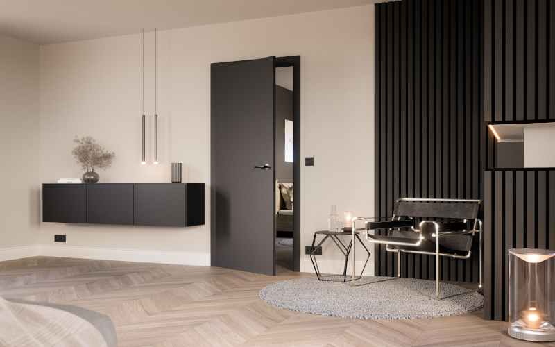 Raum mit moderner, schwarzmatter Tür im Industrial Style von Hörmann