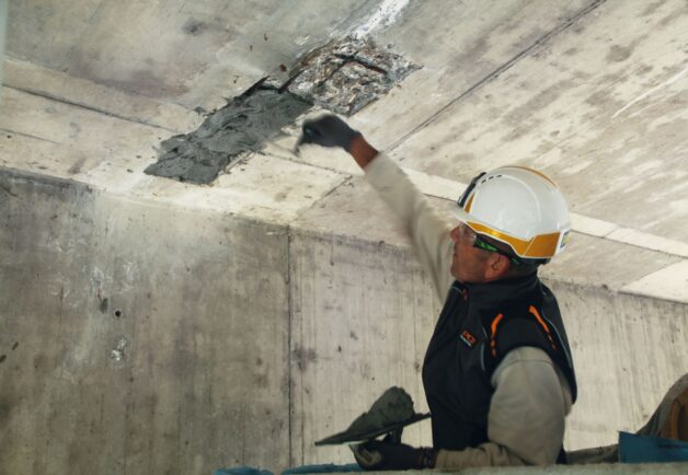 Arbeiter repariert Decke mit Spachtel und trägt Schutzhelm.