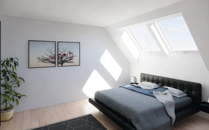 Schlafzimmer im Dachgeschoss mit großen Dachfenstern