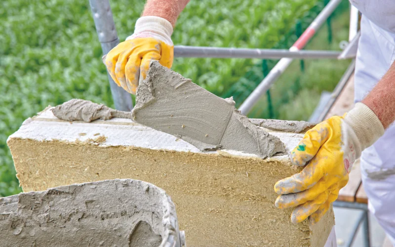 Handwerker verstreicht Mörtel auf Dämmplatten