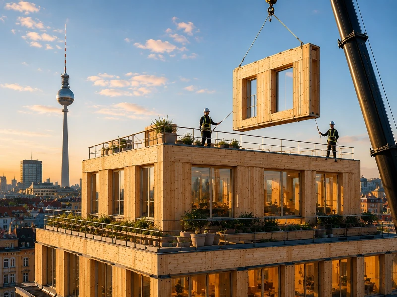 Ein Braukran hebt ein fertiges Holzbauelement auf ein Hochhaus in Holzbauweise.