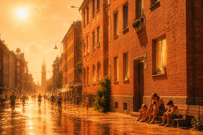 Ziegelhäuser in einer Innenstadt unter glühender Sonne.