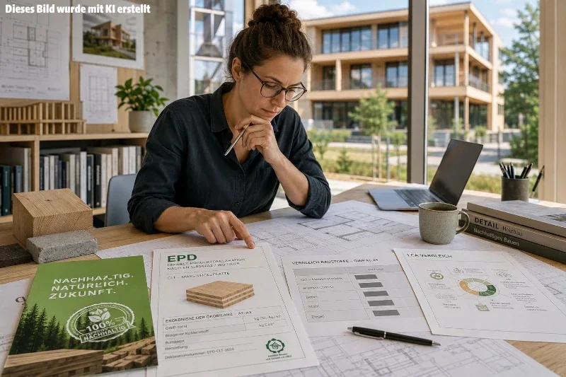 KI generiertes Bild: Eine Frau studiert am Schreibtisch sitzend Informationen über Bauprodukte.