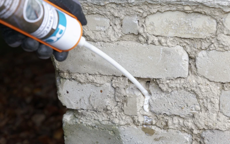 Mit PCI Silikonmasse wird eine Stelle in der Mauer ausgebessert