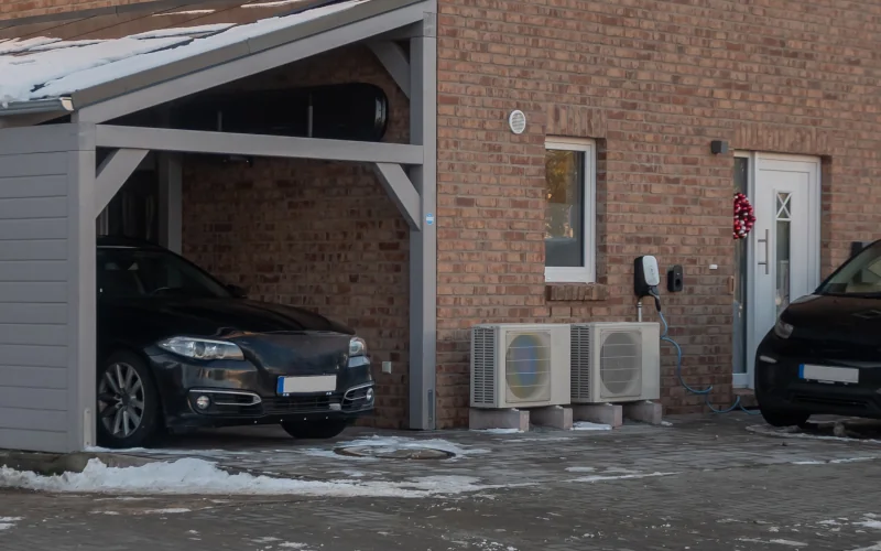 Haus mit Carport, Auto und Wärmepumpe an der Fassade