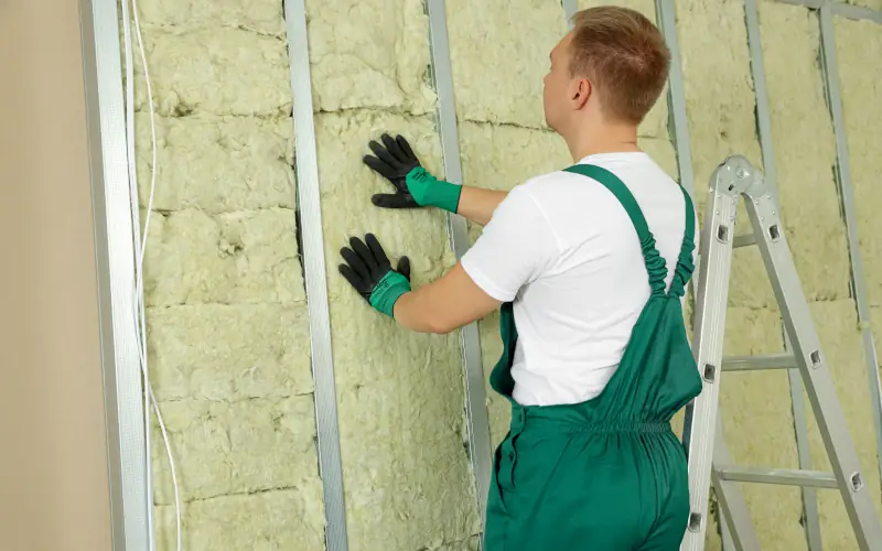 Handwerker drückt Dämmung in vorgesehen Wandkonstruktion