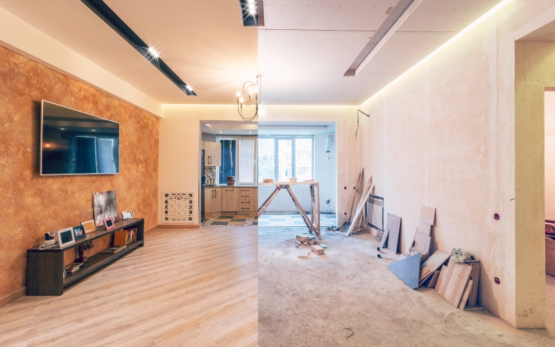 Moderne Inneneinrichtung eines großen Wohn-Küchen-Studios – vorher und nachher