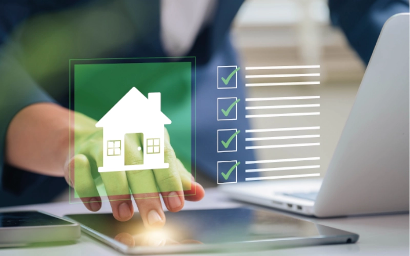 Hand tippt auf Tablet mit einer Haus und Checklist Grafik