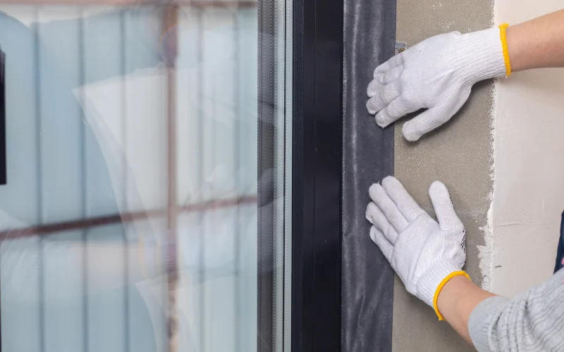 Arbeiterhände in weißen Handschuhen kümmern sich um die Dämmung am Fensterrahmen