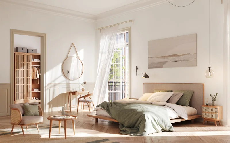 Schlafzimmer mit hoher Decke im skandinavischen Stil