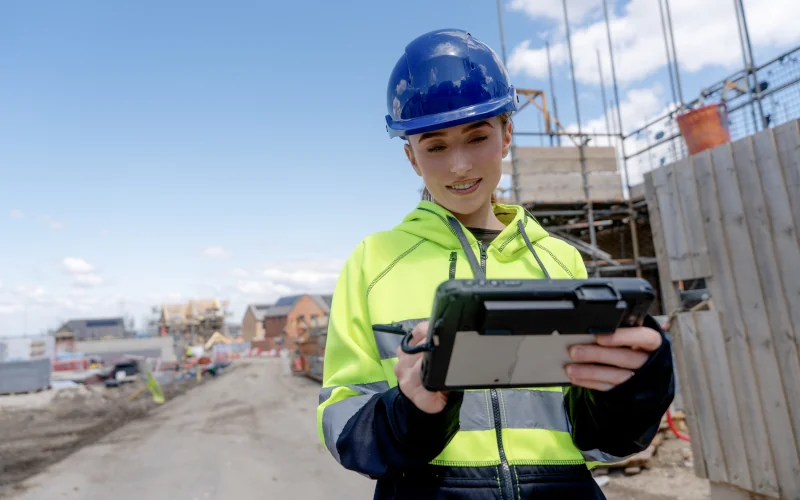 Bauarbeiterin auf Baustelle mit Helm mit Tablet in der Hand