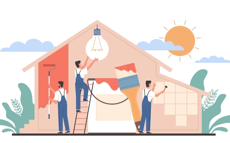 Renovierungsarbeiter. Reparateur Teambuilding Haus. Maler-, Elektro-, Ausbauarbeiten, Bauherren, die Wohnungsreparaturen durchführen, professionelle Dekoration Vektor Cartoon flacher Stil isoliertes Konzept
