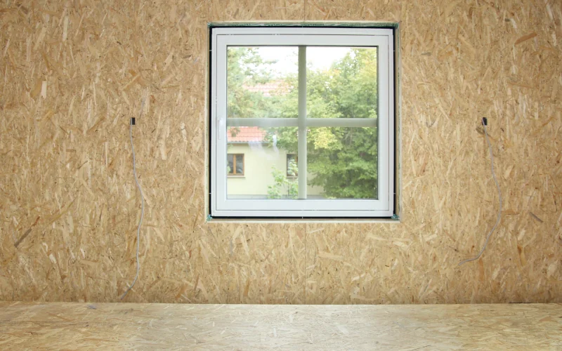 Wand und Boden aus OSB Platten mit Fenster in der Wand