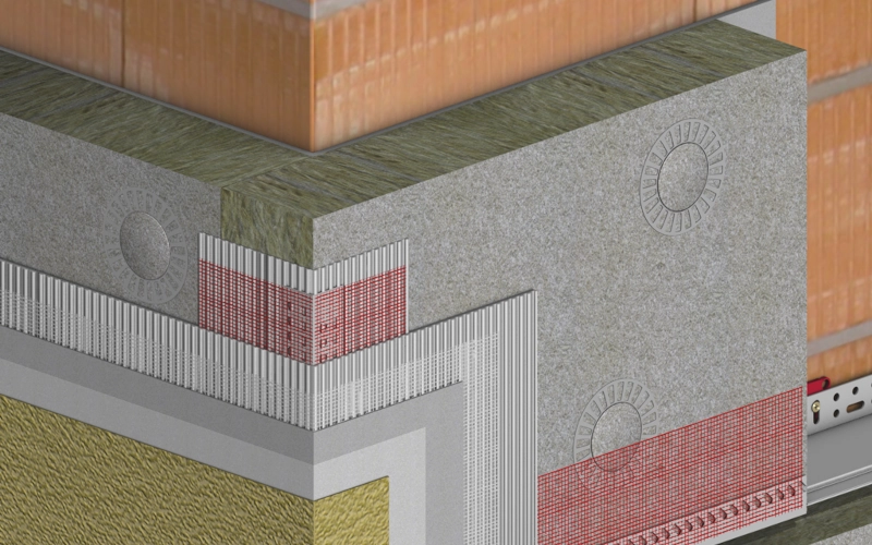 3D Grafik einer Baumit Mineralwolle-Fassade