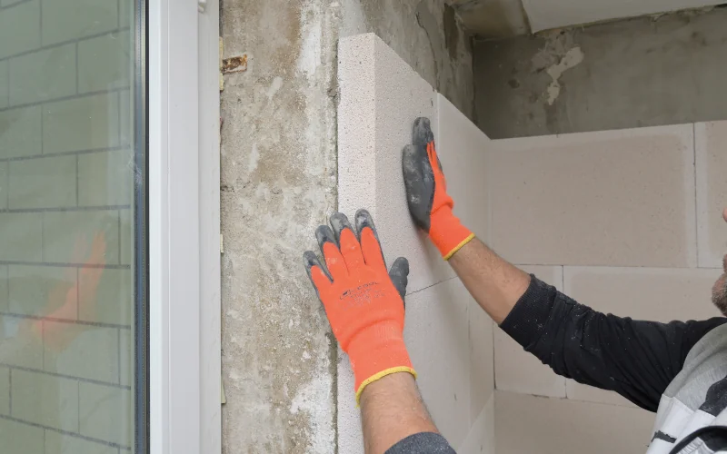 Handwerker bringt Multipor Dämmplatten von Xella an Außenwand an