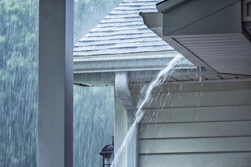 Regenwasser fließt von einem Dach hinunter.
