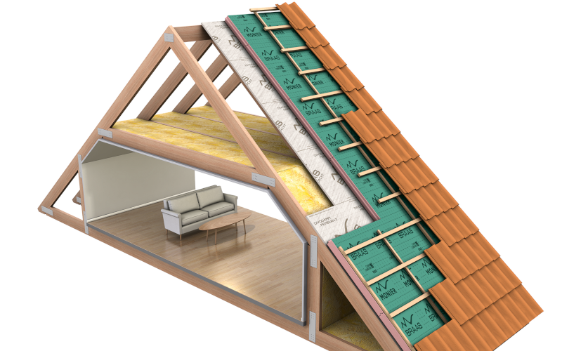 3D Rendering einer Steildachdämmung und Querschnitt der darunter liegenden Räumen