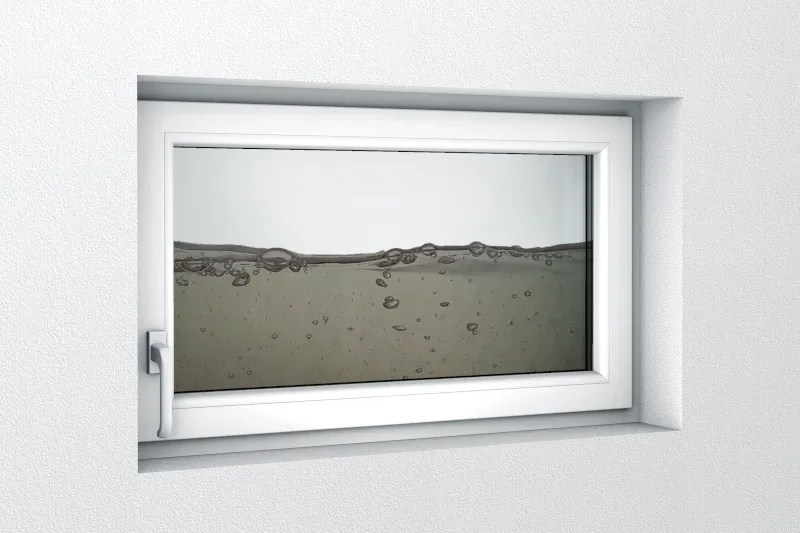 Ein skizziertes Kellerfenster ist zu sehen hinter dem sich Wasser ansammelt.