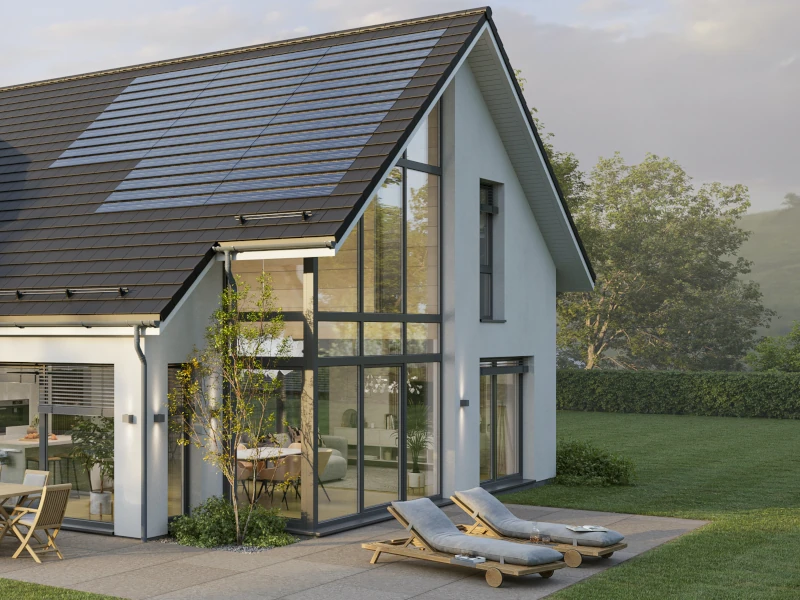 Haus mit Photovoltaikanlage auf dem Dach, zur Hälfte verglastem Giebel und Terrasse, sowie Garten.