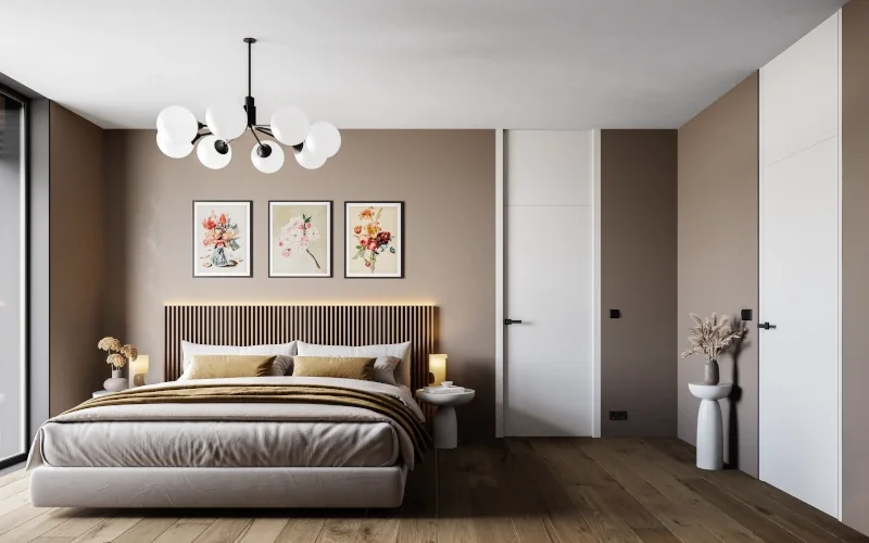 Schlafzimmer mit braunen Wänden, weißen Decken und weißer Zimmertür
