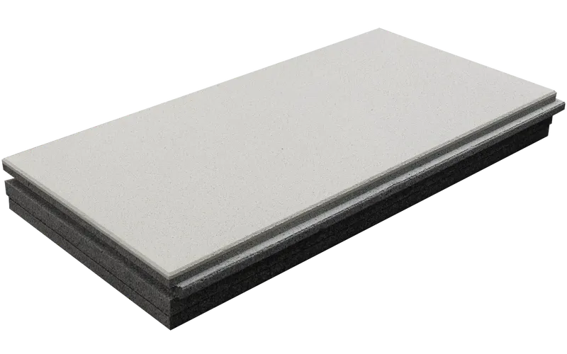 Flache, rechteckige Bauplatte in grauer Farbe mit glatter Oberfläche.