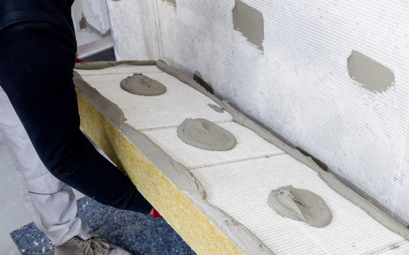 Dämmung wird mit Spachtelmasse zum Anbringen an der Wand vorbereitet