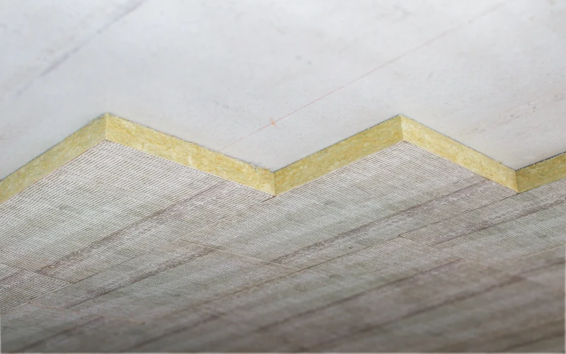Fertig positionierte Dämmmaterial-Platten an der Kellerdecke