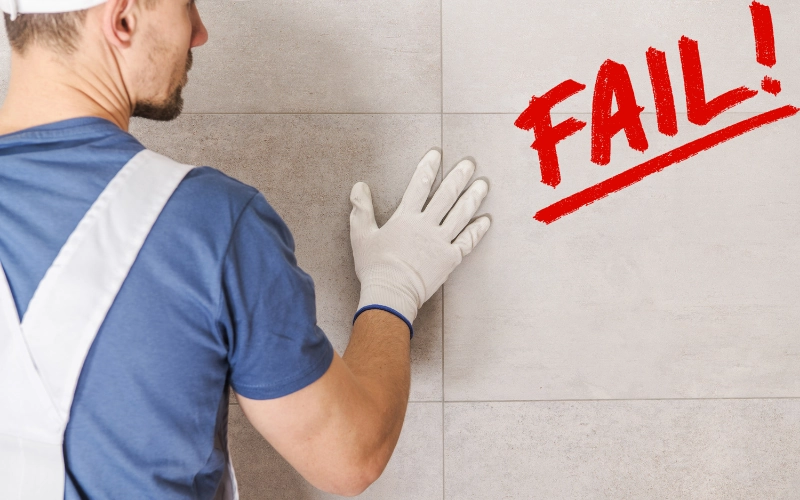 Handwerker bringt Fliesen in einem Badzimmer an. Daneben ist ein Fail Schriftzug zu sehen.