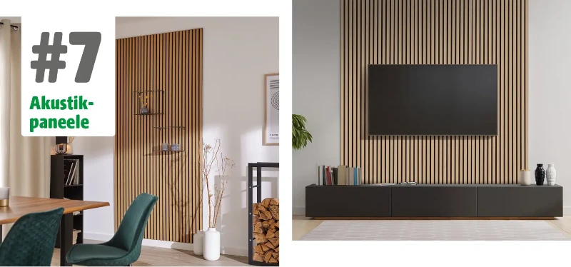 Akustikpaneele verbaut hinter einem TV und in einem Wohnbereich