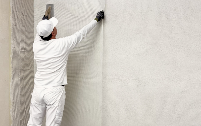 Handwerker bringt eine Armierungsschicht auf einer gedämmten Wand an