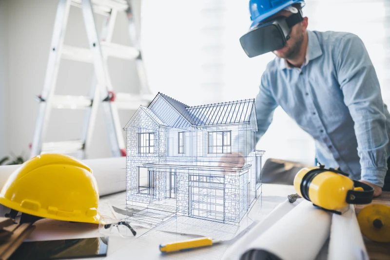 Mann mit einer VR-Brille schaut sich ein Modell eines Hauses an